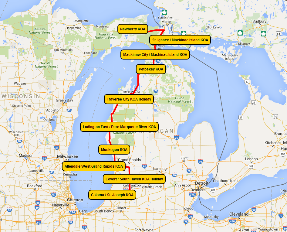 Great Lakes Getaway with KOA Map