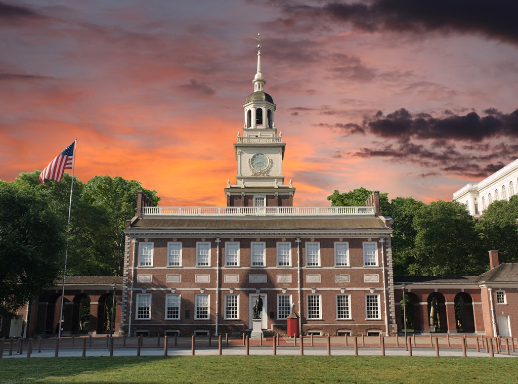 Independence Hall National Historic Park in Philadelphia during sunset.