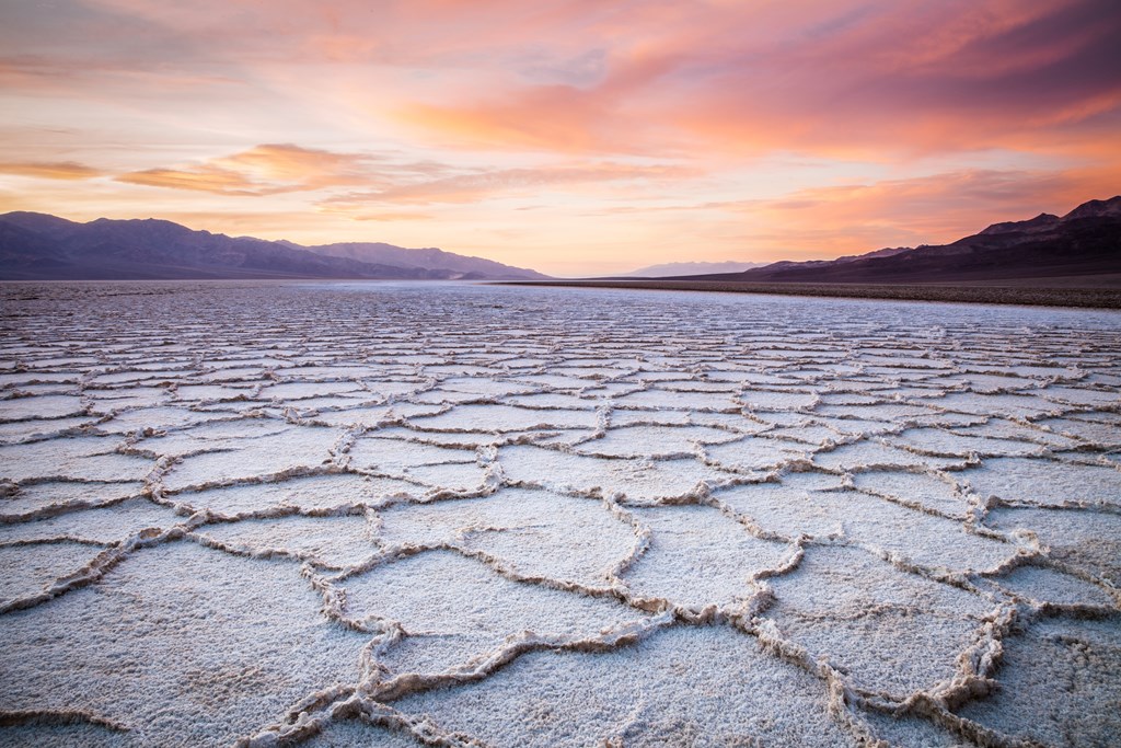 Sunset in Badwater, Death Valley National Park. Badwater is the lowest point in the USA, located in Death Valley National Park, California.