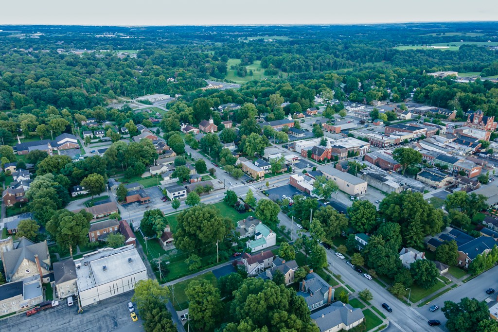 Adorable aerial view of the historic Bardstown, KY on a gorgeous sunny summer evening with a few clouds in the sky. Photograph was taken with a drone.