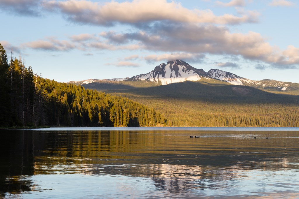 View of Mount Thielsen in the early morning from the shores of Diamond Lake in Oregon.