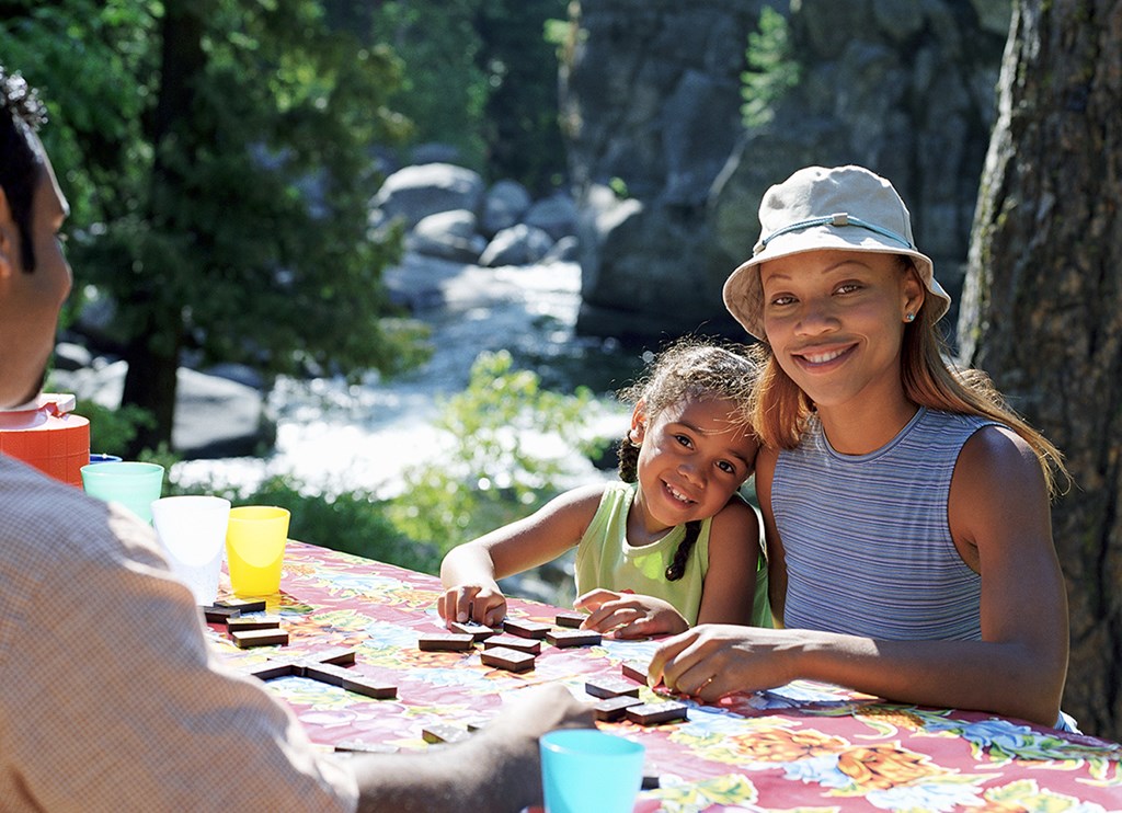 Mother and daughter playing dominoes at picnic table with father