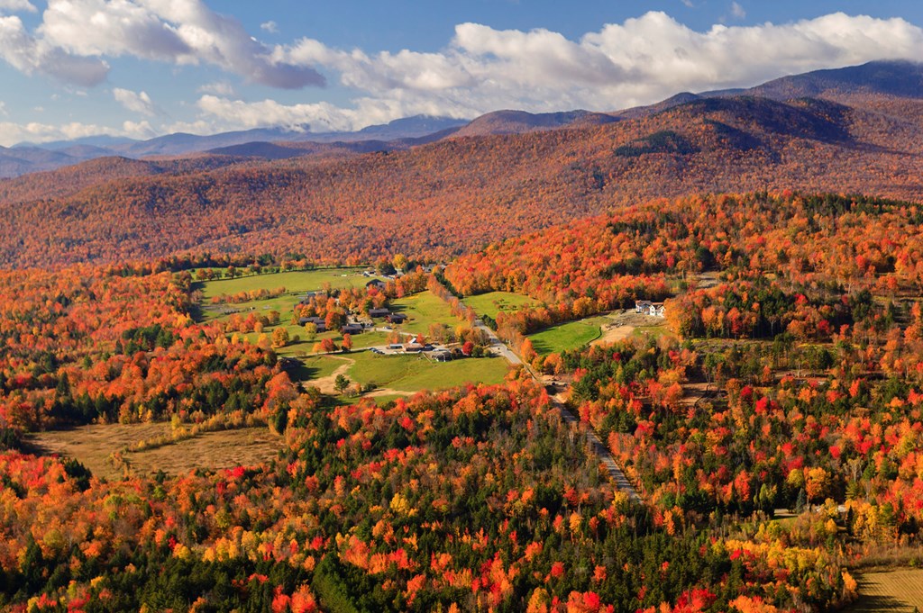 Aerial view of fall foliage, Stowe, Vermont.