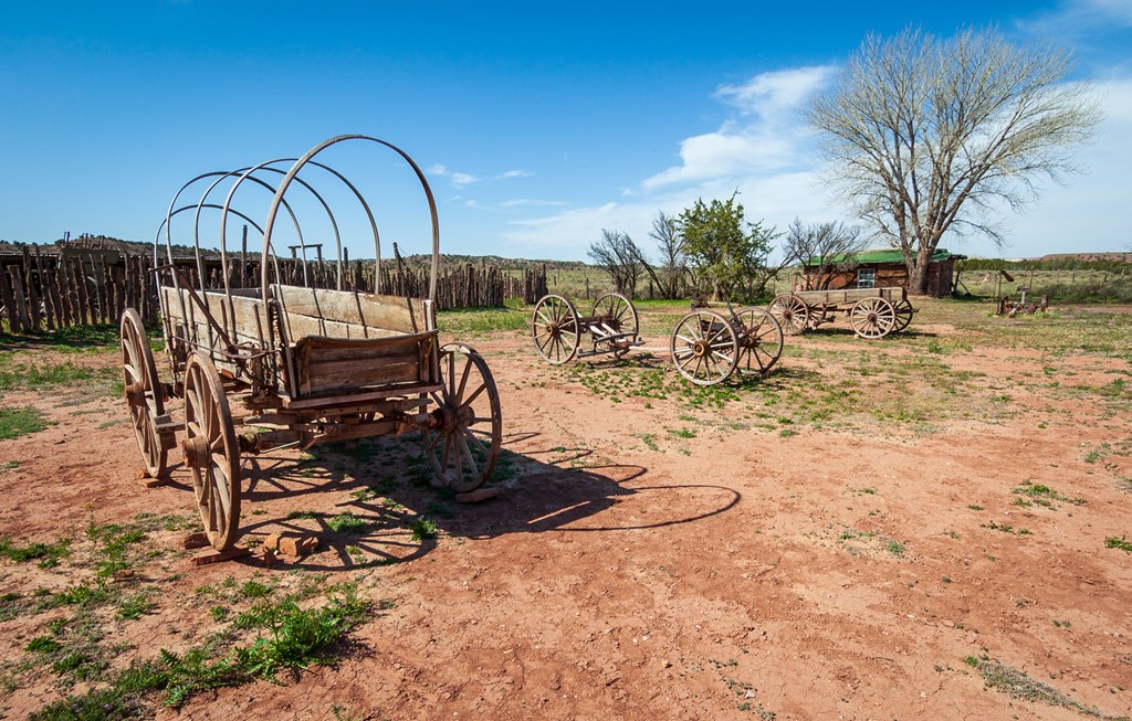 Old wagons on display at Hubbell Trading Post National Historic Site.